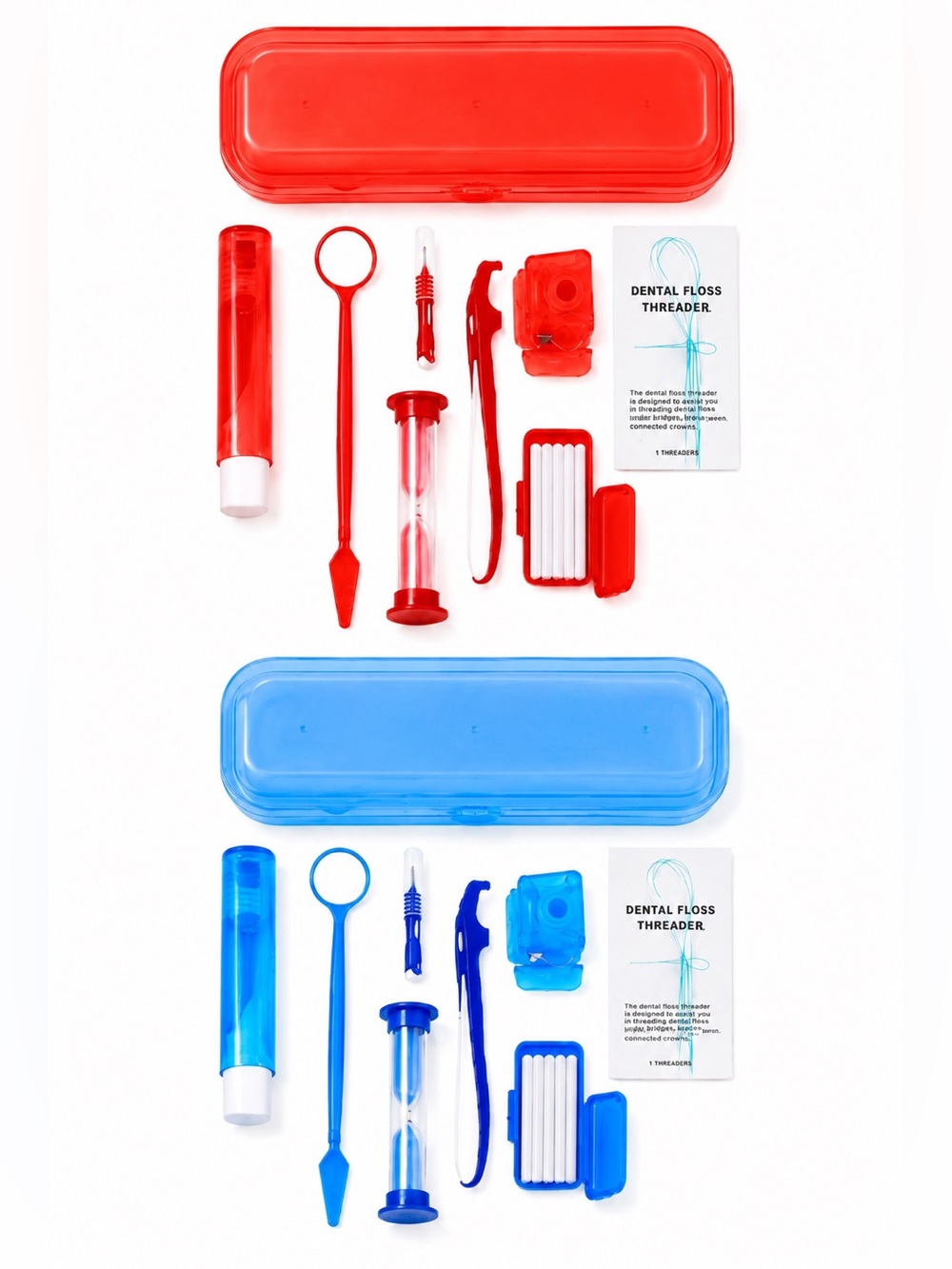 NEW - Set of 2 Portable Dental Care Travel Kits Blue & Red Floss Toothbrush